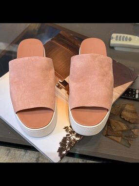 Vince Blush Pink Suede Slide Platform Mules